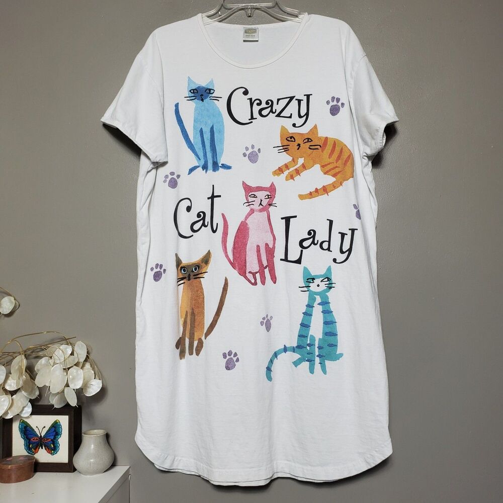 Vintage Crazy Cat Lady Sleep Shirt White One Size Cotton Rel-e-vant Products 90s